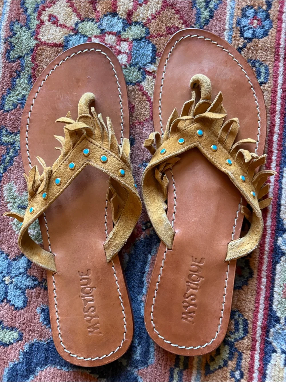 Mystique Boutique Tan Suede Fringe Sandals with Turquoise Studs